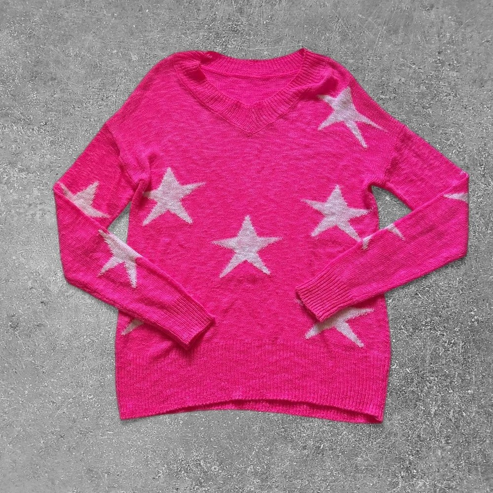 Unbranded Pink Star Print V-Neck Knit Sweater Womens Long Sleeve Top